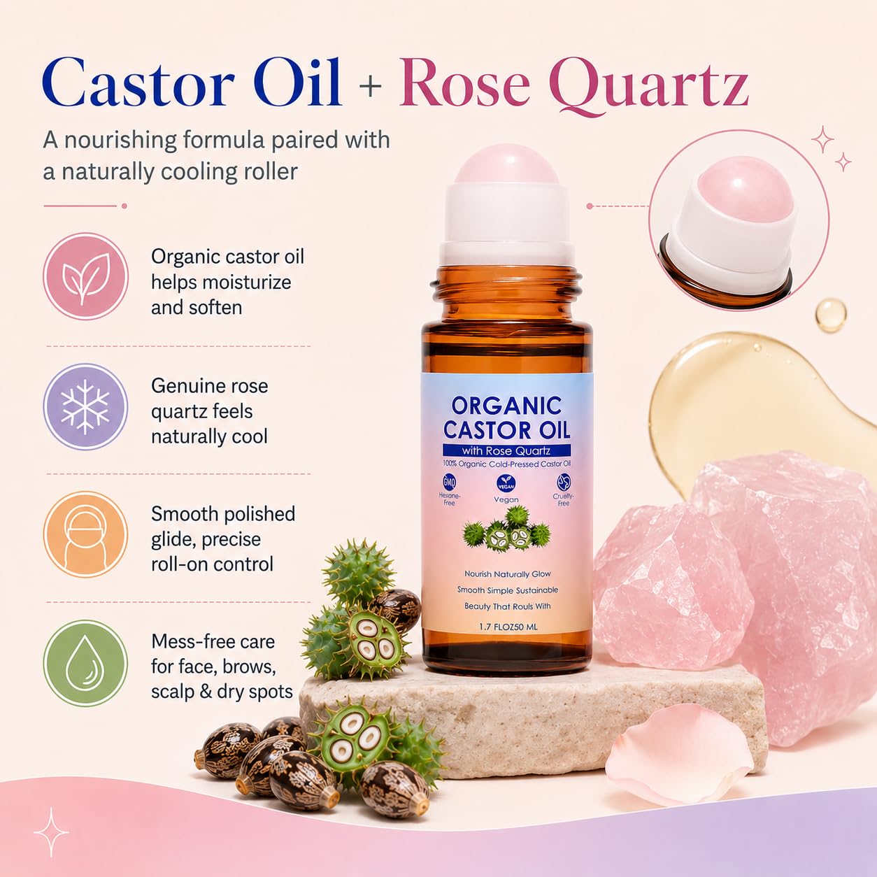 Amazon.com : SDXJIOGE Organic Castor Oil Rose Quartz Roller Ball